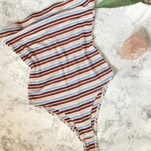 Strapless bodysuit with multicolor horizontal stripes
